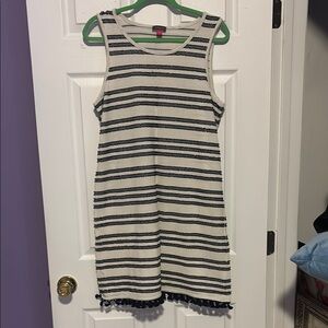 White and Blue Sleeveless Sheath Midi Dress